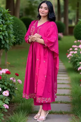 Women Ethnic Motifs Embroidered Panelled Thread Work Chanderi Silk Kurta with Trousers & With Dupatta
