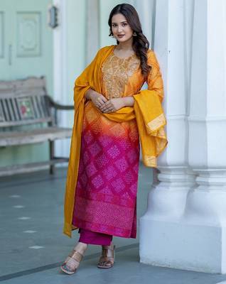 Women Ombre Dyed Regular Thread Work Kurta with Palazzos & With Dupatta 1