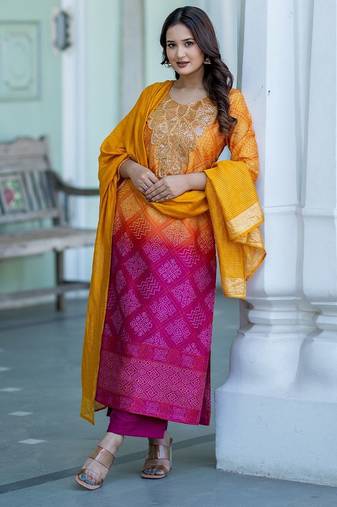 Women Ombre Dyed Regular Thread Work Kurta with Palazzos & With Dupatta