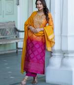 Women Ombre Dyed Regular Thread Work Kurta with Palazzos & With Dupatta