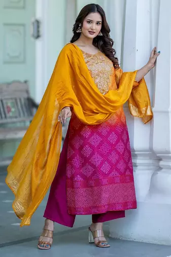 Women Ombre Dyed Regular Thread Work Kurta with Palazzos & With Dupatta