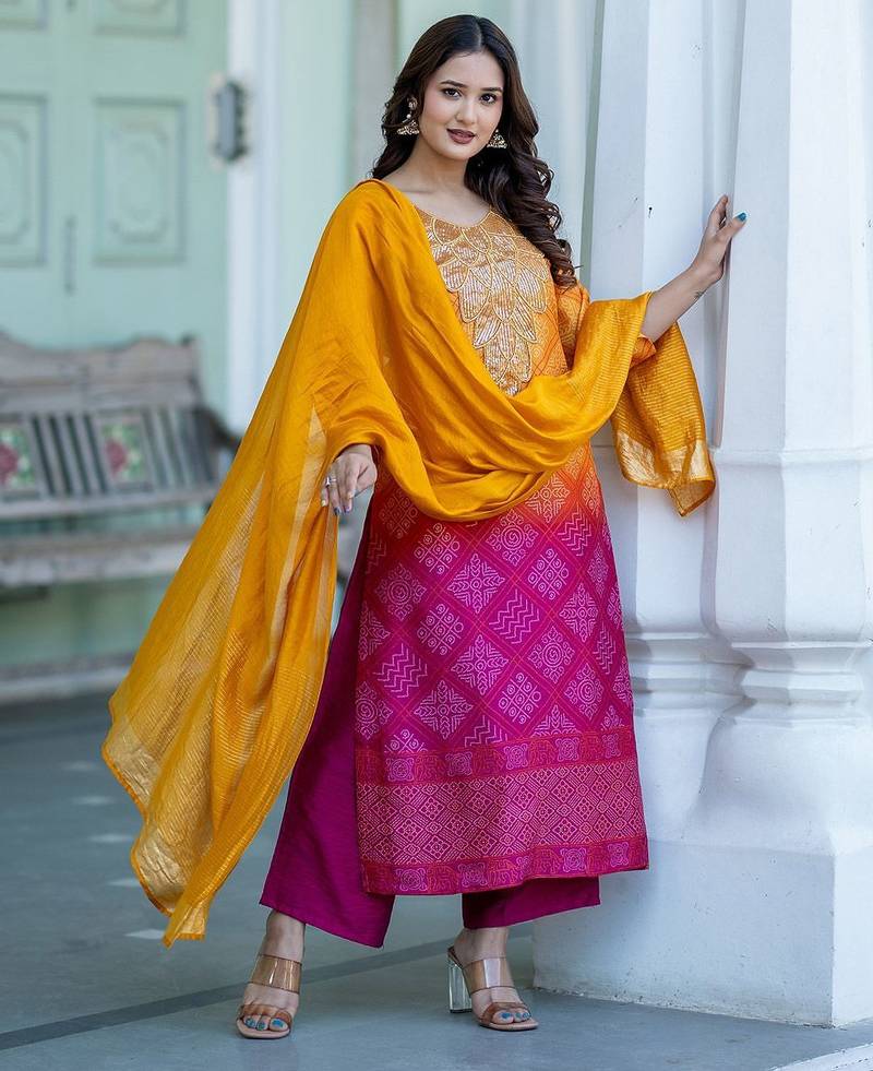 Women Ombre Dyed Regular Thread Work Kurta with Palazzos & With Dupatta