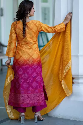 Women Ombre Dyed Regular Thread Work Kurta with Palazzos & With Dupatta