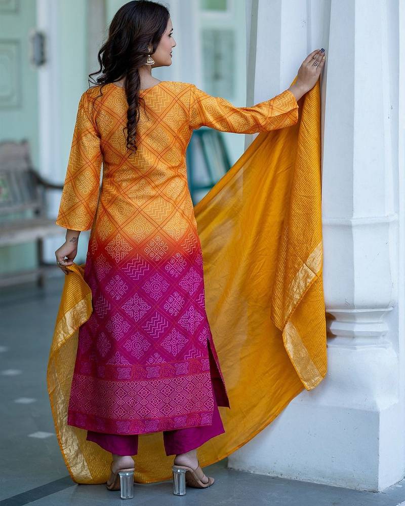 Women Ombre Dyed Regular Thread Work Kurta with Palazzos & With Dupatta