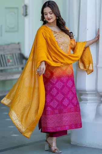 Women Ombre Dyed Regular Thread Work Kurta with Palazzos & With Dupatta