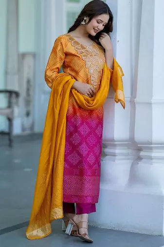 Women Ombre Dyed Regular Thread Work Kurta with Palazzos & With Dupatta
