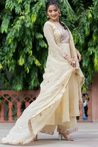 Embroidered Sequinned Georgette Anarkali Kurta with Palazzo and Dupatta