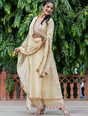 Embroidered Sequinned Georgette Anarkali Kurta with Palazzo and Dupatta 4