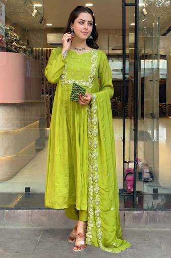 Embroidered Chinon Fabric Straight Kurta, Pant and Dupatta Set
