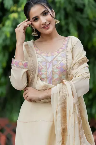 Embroidered Sequinned Georgette Anarkali Kurta with Palazzo and Dupatta