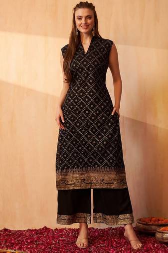 Bandhani Printed Zari V-Neck Sleeveless Straight Kurta With Palazzo