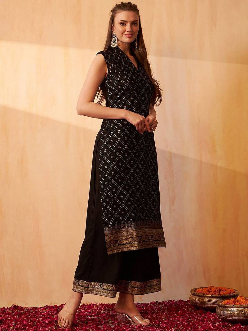 Bandhani Printed Zari V-Neck Sleeveless Straight Kurta With Palazzo