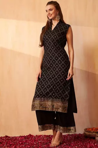 Bandhani Printed Zari V-Neck Sleeveless Straight Kurta With Palazzo