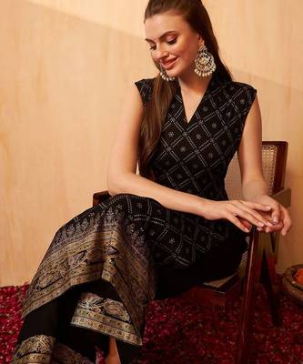 Bandhani Printed Zari V-Neck Sleeveless Straight Kurta With Palazzo 6