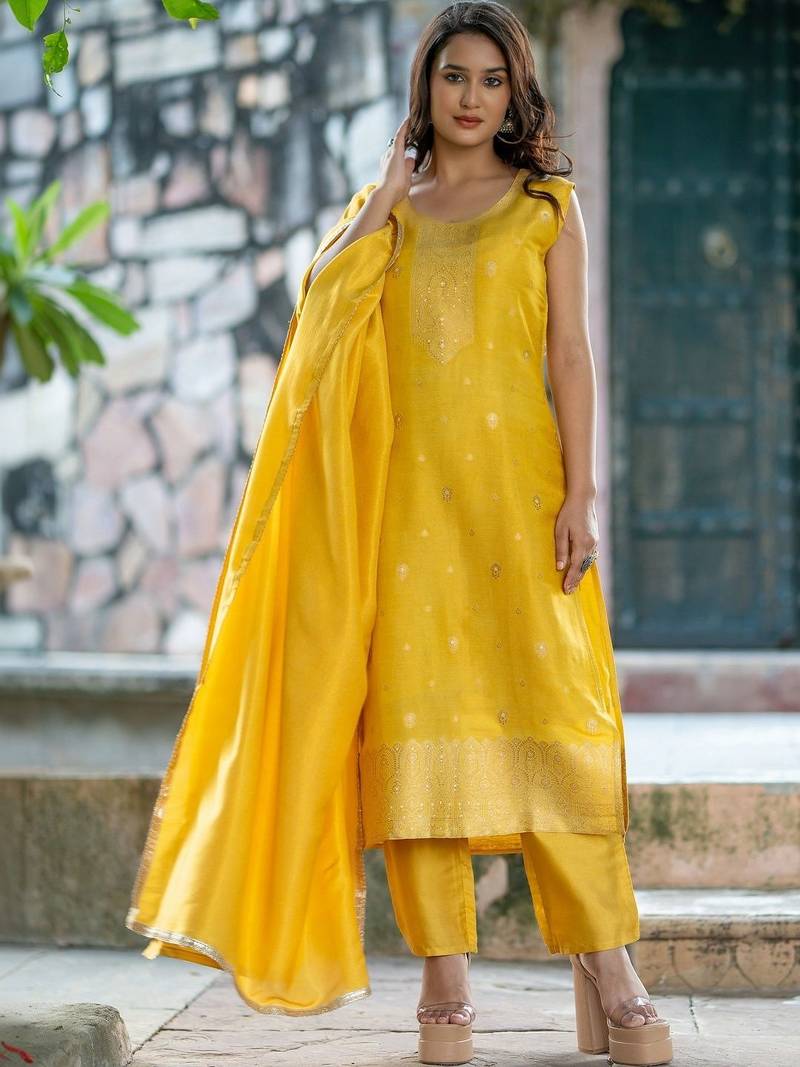 Women Ethnic Motifs Regular Gotta Patti Pure Silk Kurta with Trousers & With Dupatta