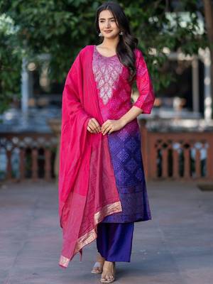 Women Ombre Dyed Regular Thread Work Kurta with Palazzos & With Dupatta 1