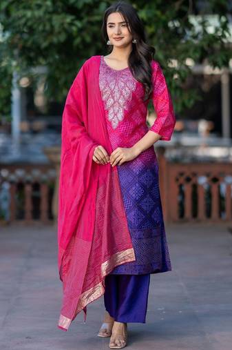 Women Ombre Dyed Regular Thread Work Kurta with Palazzos & With Dupatta
