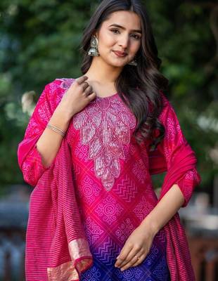 Women Ombre Dyed Regular Thread Work Kurta with Palazzos & With Dupatta 2