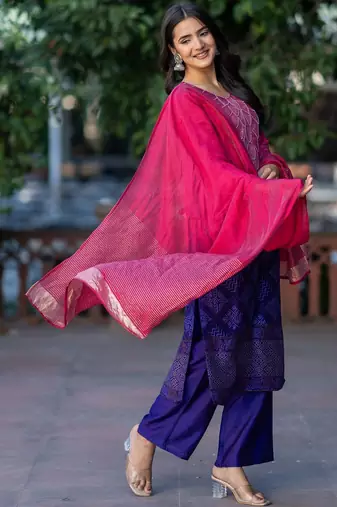 Women Ombre Dyed Regular Thread Work Kurta with Palazzos & With Dupatta