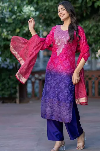 Women Ombre Dyed Regular Thread Work Kurta with Palazzos & With Dupatta