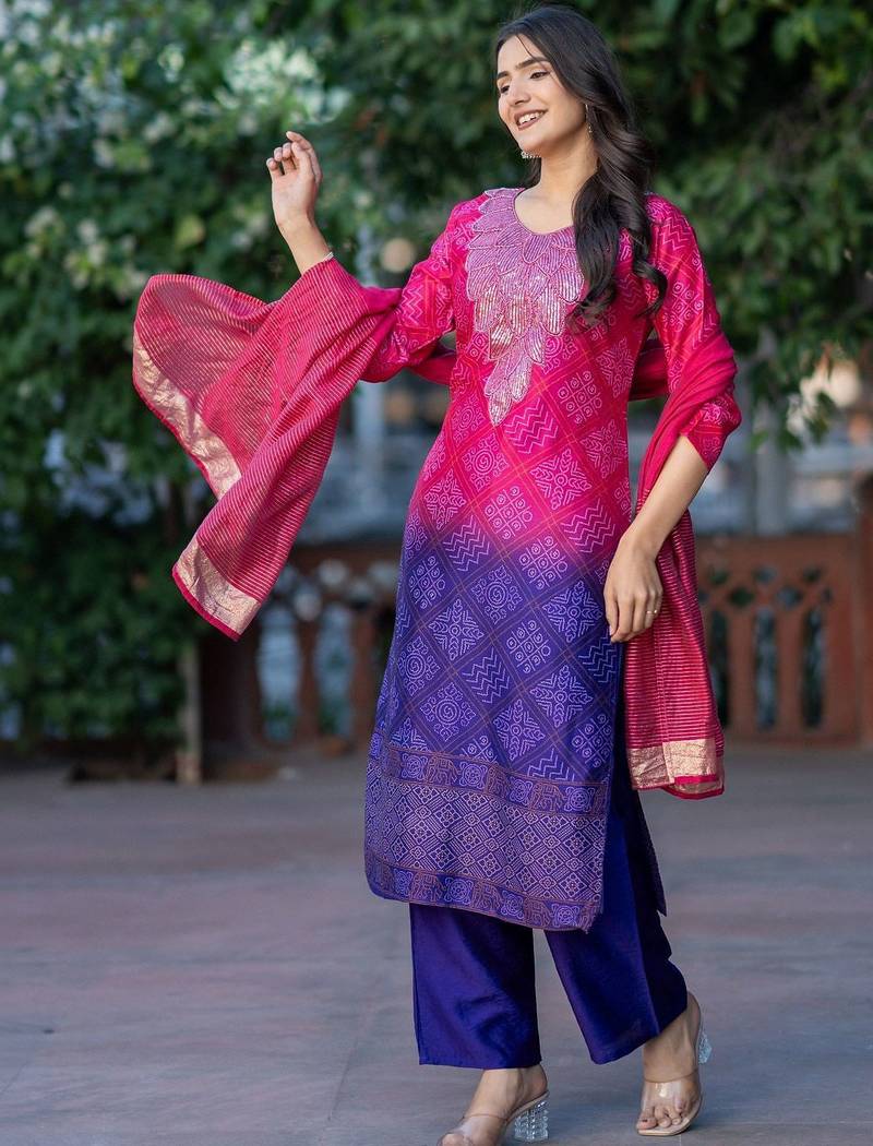 Women Ombre Dyed Regular Thread Work Kurta with Palazzos & With Dupatta