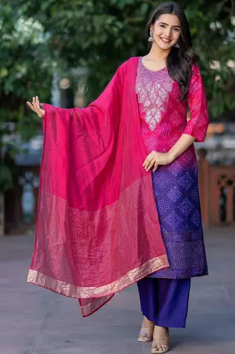 Women Ombre Dyed Regular Thread Work Kurta with Palazzos & With Dupatta