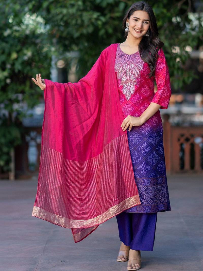 Women Ombre Dyed Regular Thread Work Kurta with Palazzos & With Dupatta