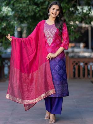 Women Bandhani Embroidered Kurta with Trousers & Dupatta 1