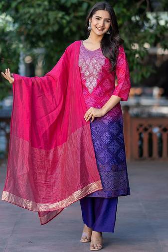 Women Bandhani Embroidered Kurta with Trousers & Dupatta