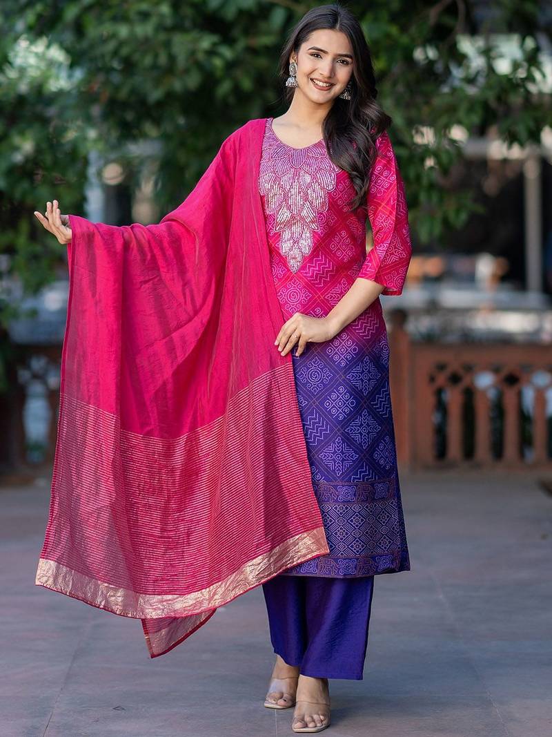 Women Bandhani Embroidered Kurta with Trousers & Dupatta