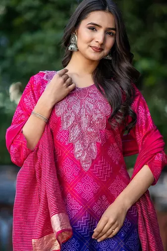Women Bandhani Embroidered Kurta with Trousers & Dupatta