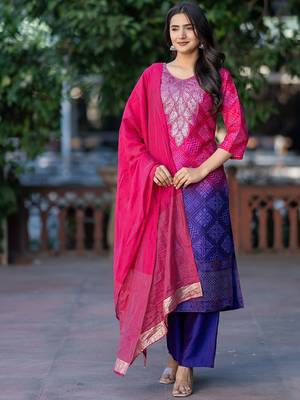 Women Bandhani Embroidered Kurta with Trousers & Dupatta 6
