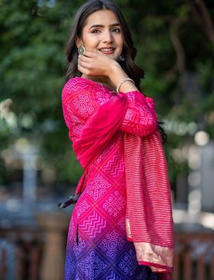 Women Bandhani Embroidered Kurta with Trousers & Dupatta 7