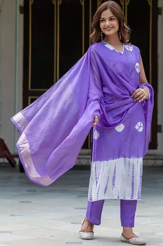 Women Bandhani Dyed Regular Aari Work Pure Silk Kurta with Trousers & With Dupatta