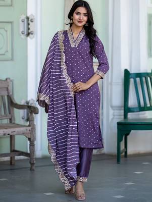 Bandhani Printed V-Neck Sequinned Straight Kurta With Trousers & Dupatta 1