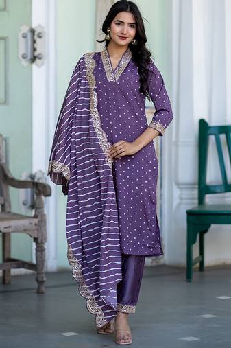 Bandhani Printed V-Neck Sequinned Straight Kurta With Trousers & Dupatta