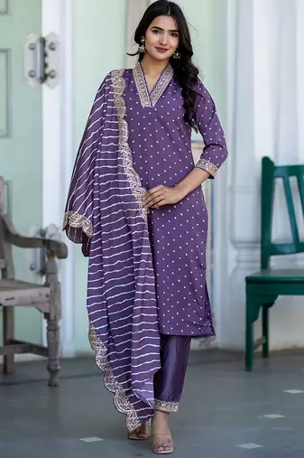 Bandhani Printed V-Neck Sequinned Straight Kurta With Trousers & Dupatta