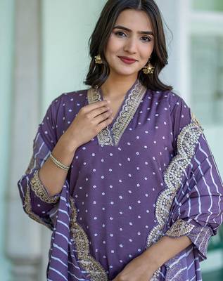 Bandhani Printed V-Neck Sequinned Straight Kurta With Trousers & Dupatta 2