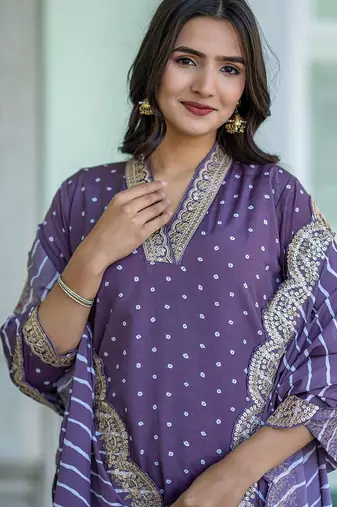 Bandhani Printed V-Neck Sequinned Straight Kurta With Trousers & Dupatta
