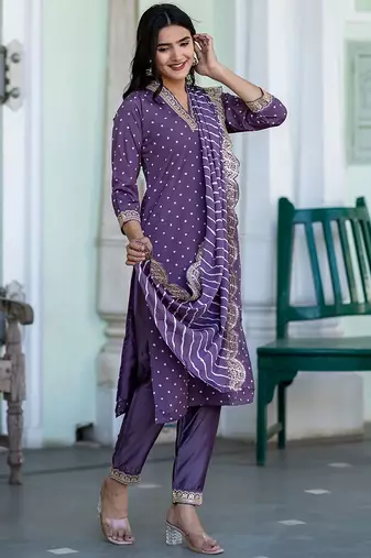 Bandhani Printed V-Neck Sequinned Straight Kurta With Trousers & Dupatta