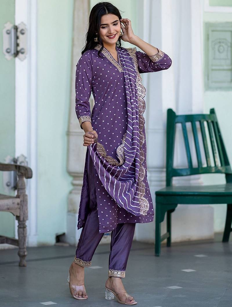 Bandhani Printed V-Neck Sequinned Straight Kurta With Trousers & Dupatta