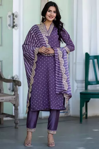 Bandhani Printed V-Neck Sequinned Straight Kurta With Trousers & Dupatta