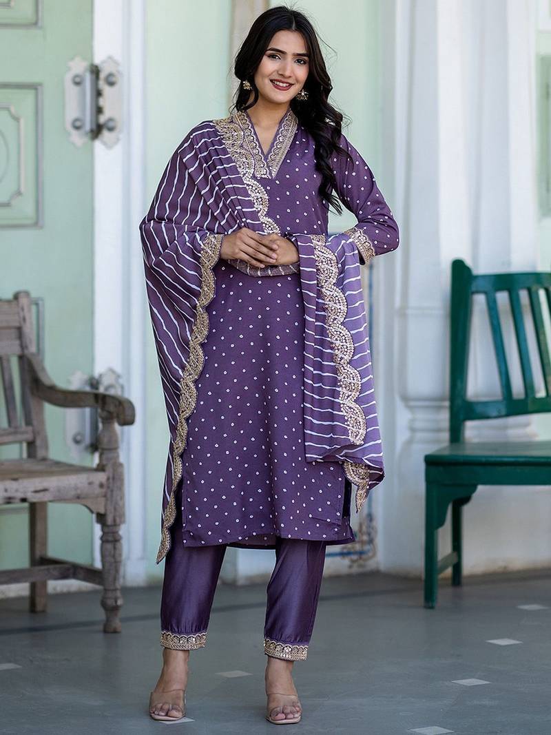 Bandhani Printed V-Neck Sequinned Straight Kurta With Trousers & Dupatta