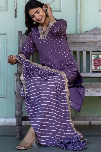 Bandhani Printed V-Neck Sequinned Straight Kurta With Trousers & Dupatta