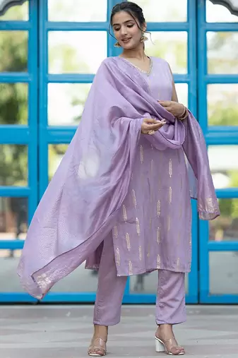 Floral Woven Design Regular Gotta Patti Pure Silk Kurta With Trousers & Dupatta