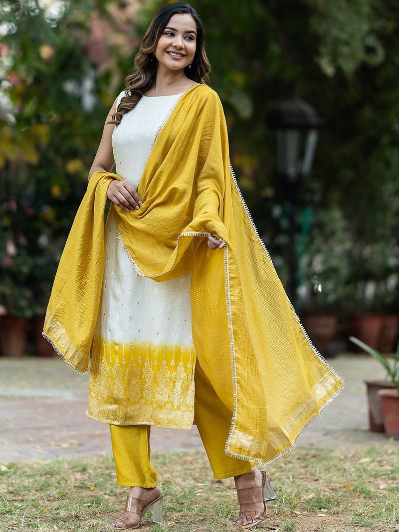Ethnic Motifs Regular Pure Silk Kurta with Trousers & With Dupatta