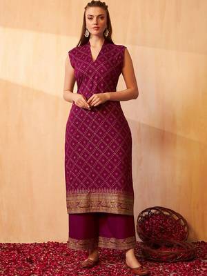 Bandhani Printed Zari V-Neck Sleeveless Straight Kurta With Palazzo 1