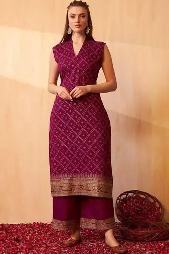 Bandhani Printed Zari V-Neck Sleeveless Straight Kurta With Palazzo