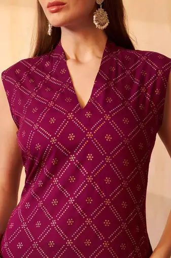 Bandhani Printed Zari V-Neck Sleeveless Straight Kurta With Palazzo