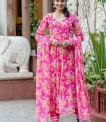Women Floral Printed Angrakha Kurta with Trousers & With Dupatta
